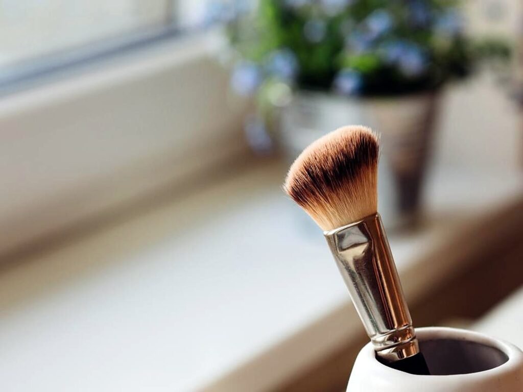 Makeup brush in a cup by a sunny window