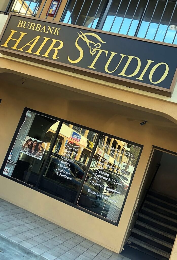 Burbank Hair Studio storefront sign in Glenoaks Plaza