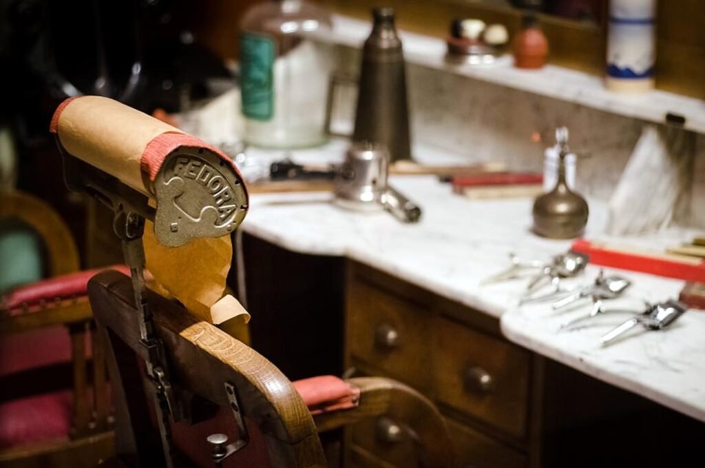 Vintage styling chair and tools at a salon station